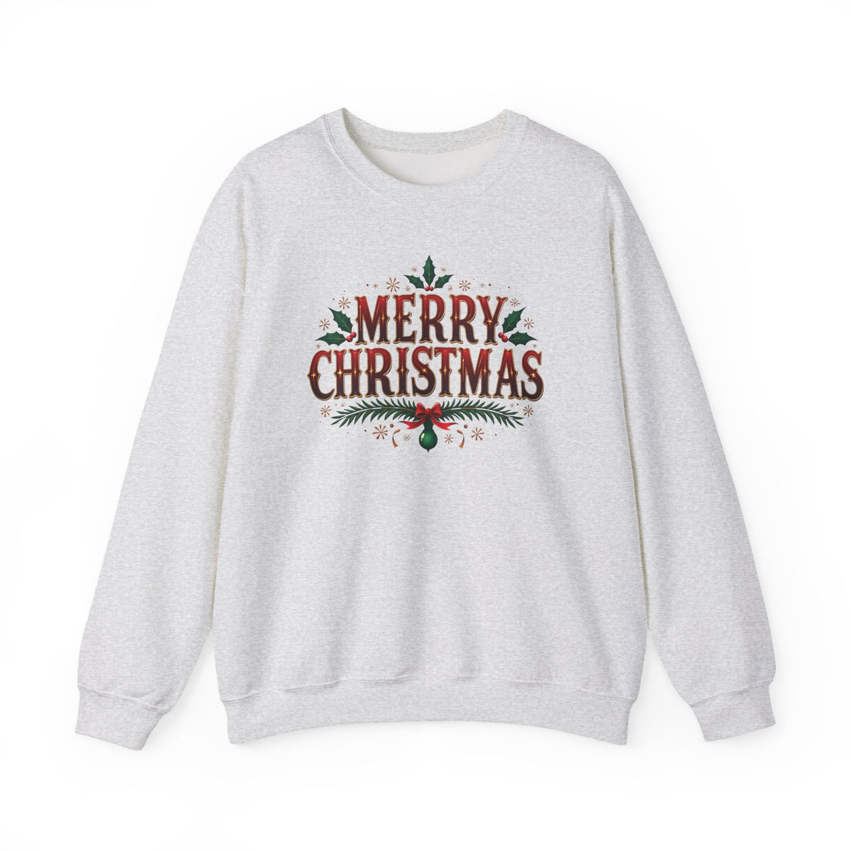 Ash Merry Christmas sweatshirt with red vintage lettering, pine branches and holly, front view