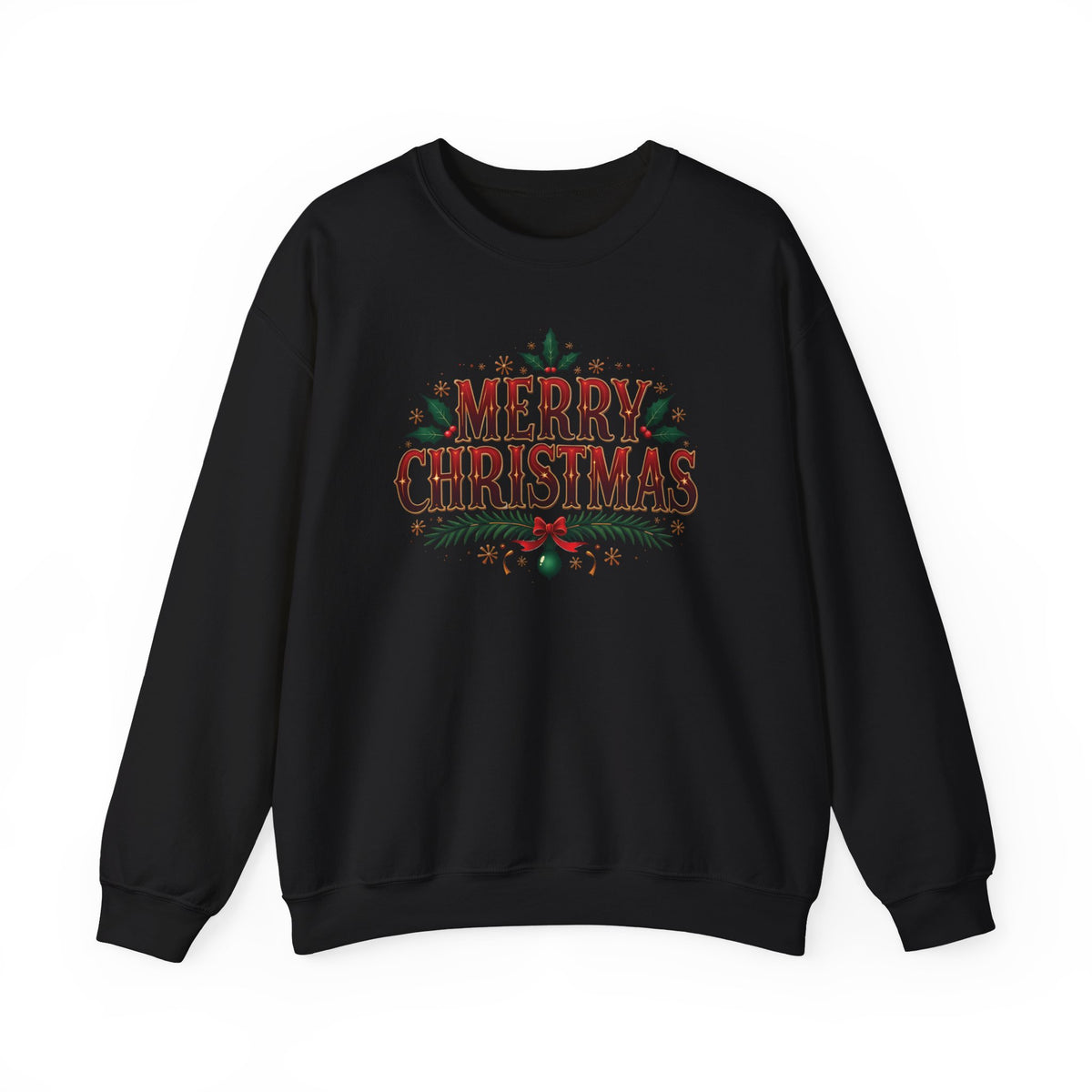 Black Merry Christmas sweatshirt with red vintage lettering, pine branches and holly, front view