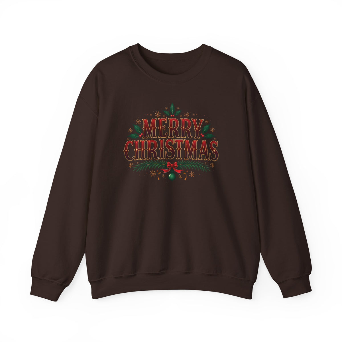 Dark Chocolate Merry Christmas sweatshirt with red vintage lettering, pine branches and holly, front view