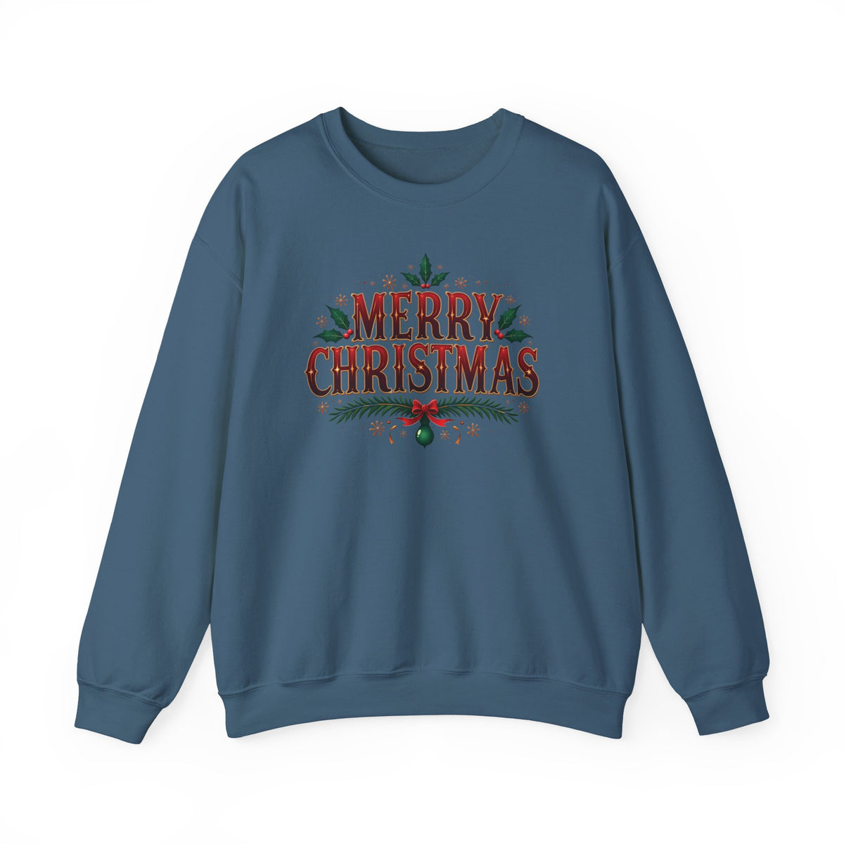 Indigo Blue Merry Christmas sweatshirt with red vintage lettering, pine branches and holly, front view