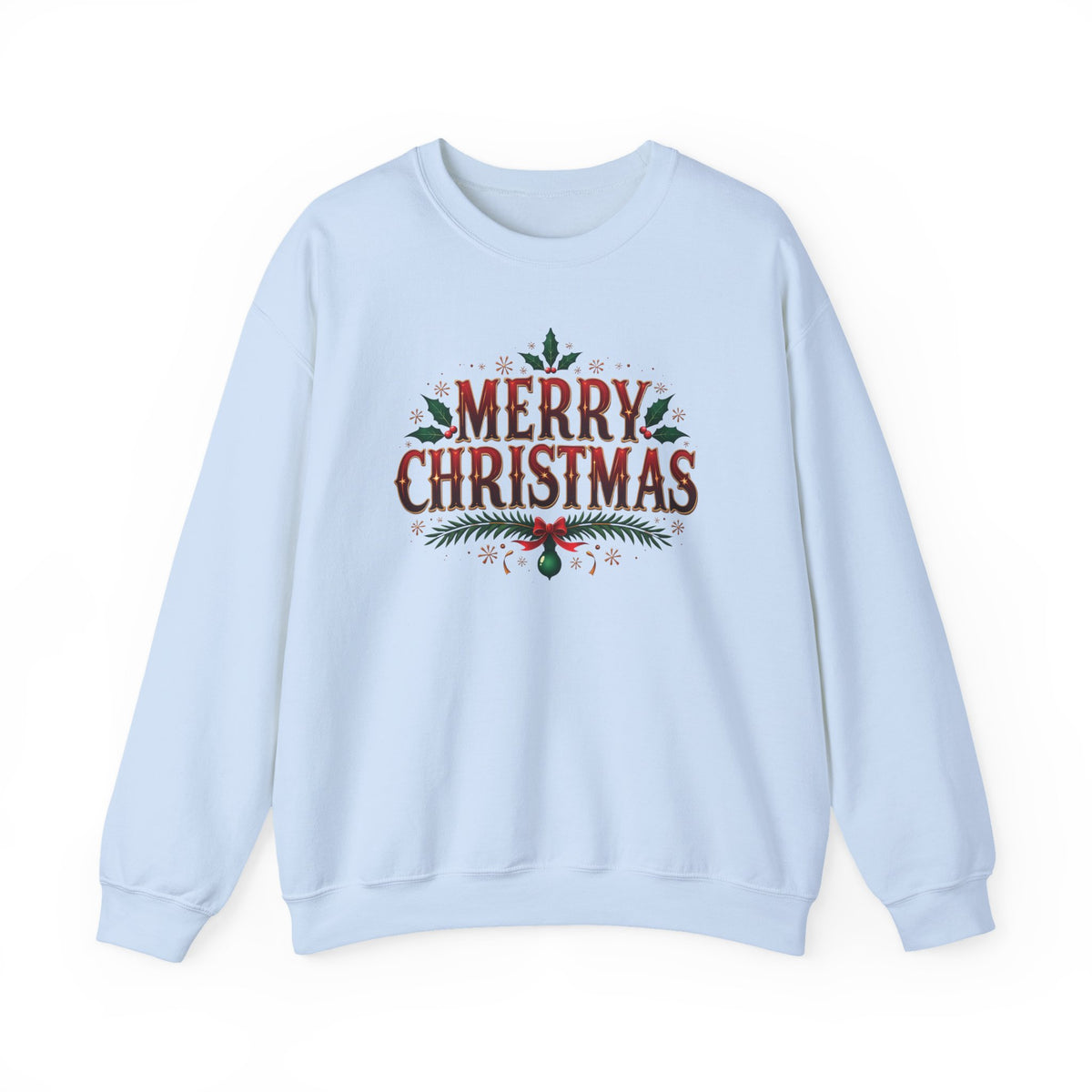 Light Blue Merry Christmas sweatshirt with red vintage lettering, pine branches and holly, front view