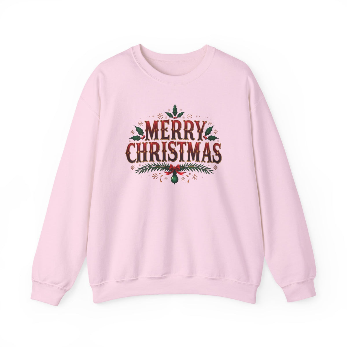 Light Pink Merry Christmas sweatshirt with red vintage lettering, pine branches and holly, front view