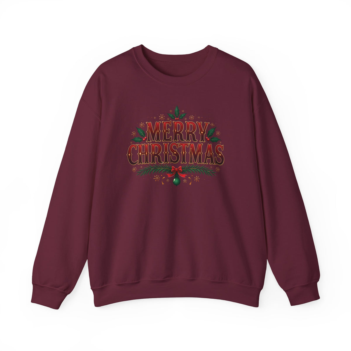 Maroon Merry Christmas sweatshirt with red vintage lettering, pine branches and holly, front view