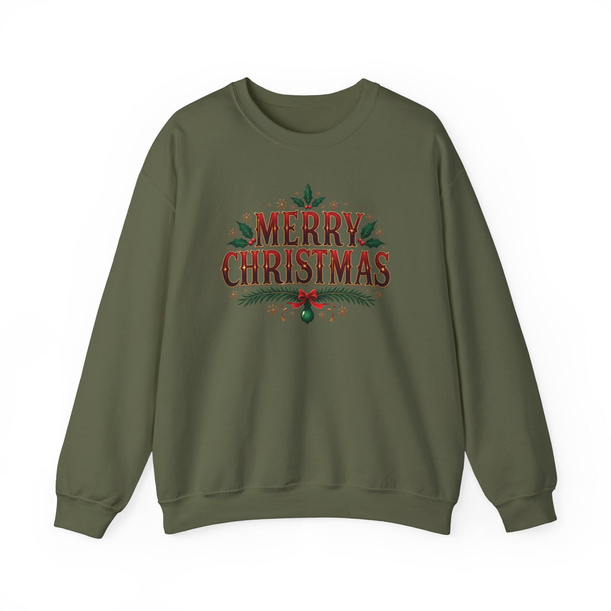 Military Green Merry Christmas sweatshirt with red vintage lettering, pine branches and holly, front view