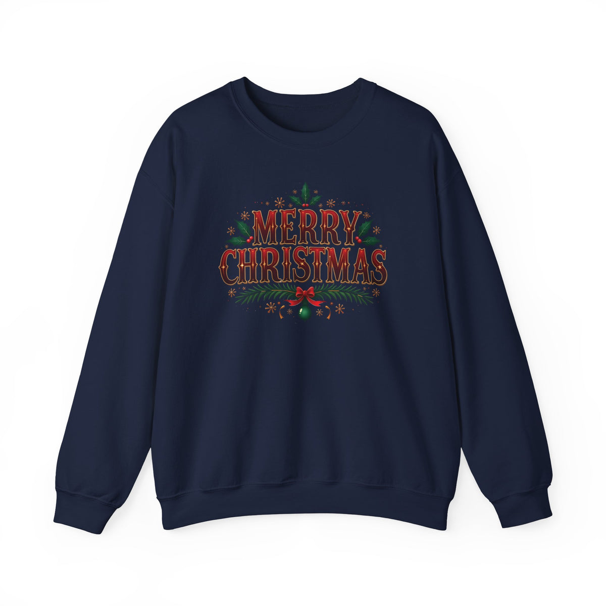 Navy Merry Christmas sweatshirt with red vintage lettering, pine branches and holly, front view