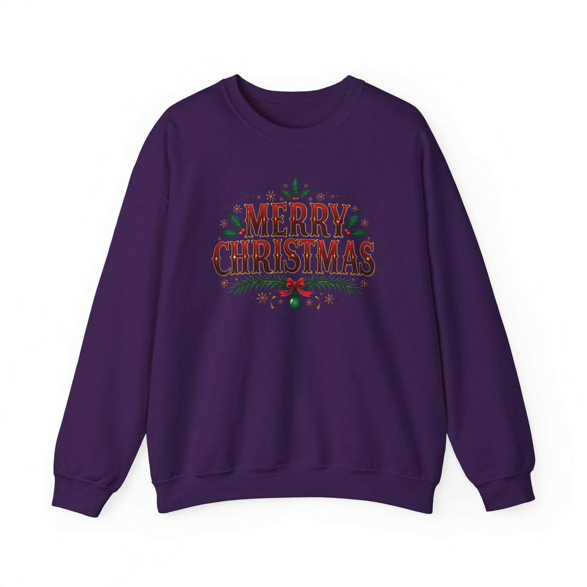 Purple Merry Christmas sweatshirt with red vintage lettering, pine branches and holly, front view
