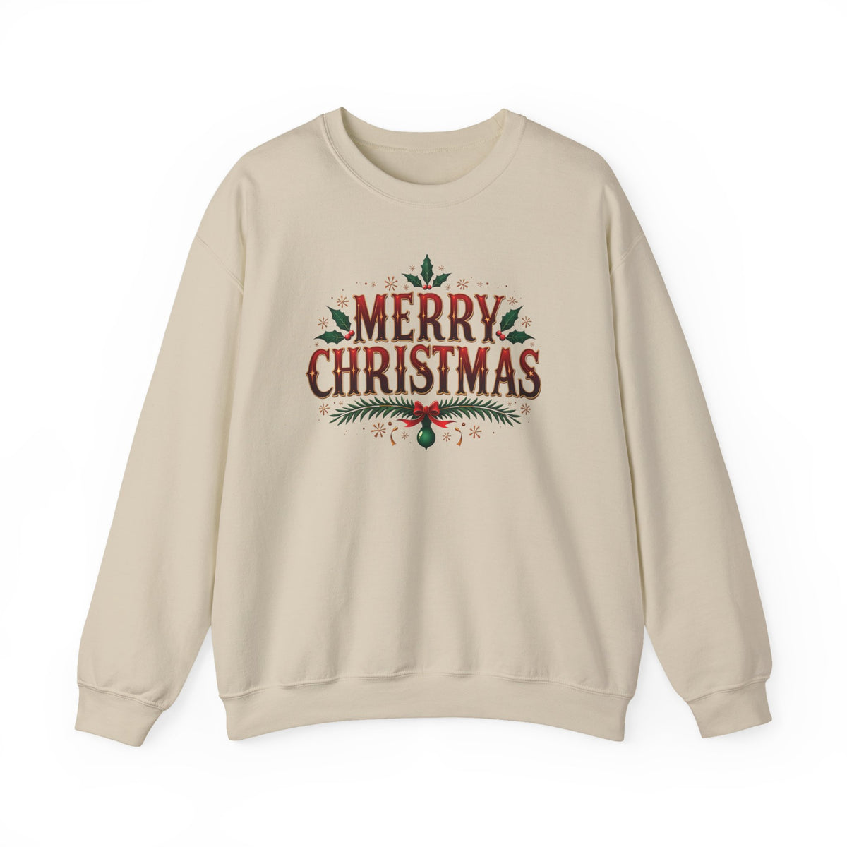 Sand Merry Christmas sweatshirt with red vintage lettering, pine branches and holly, front view
