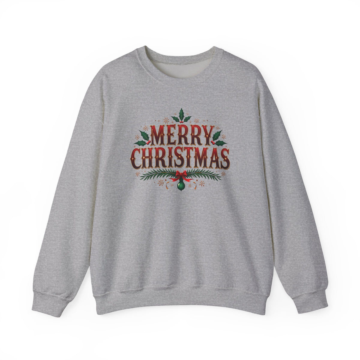Sport Grey Merry Christmas sweatshirt with red vintage lettering, pine branches and holly, front view
