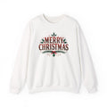 White Merry Christmas sweatshirt with red vintage lettering, pine branches and holly, front view