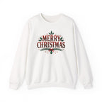 White Merry Christmas sweatshirt with red vintage lettering, pine branches and holly, front view