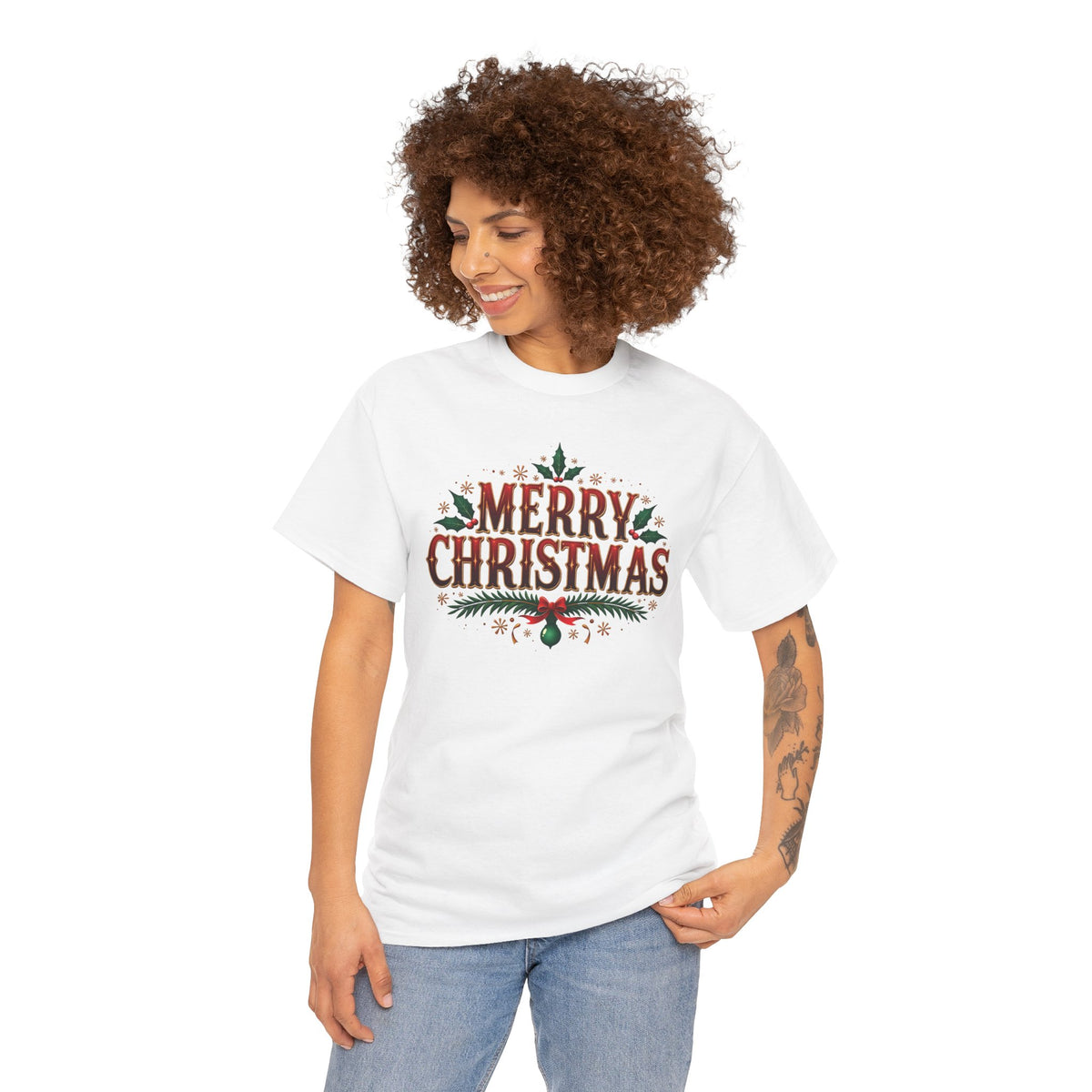 Model wearing the white Merry Christmas T-Shirt