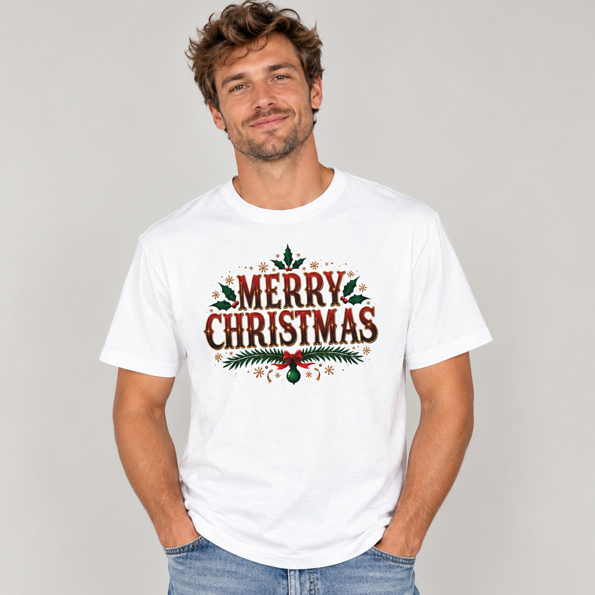 Man wearing the white Merry Christmas T-Shirt with jeans