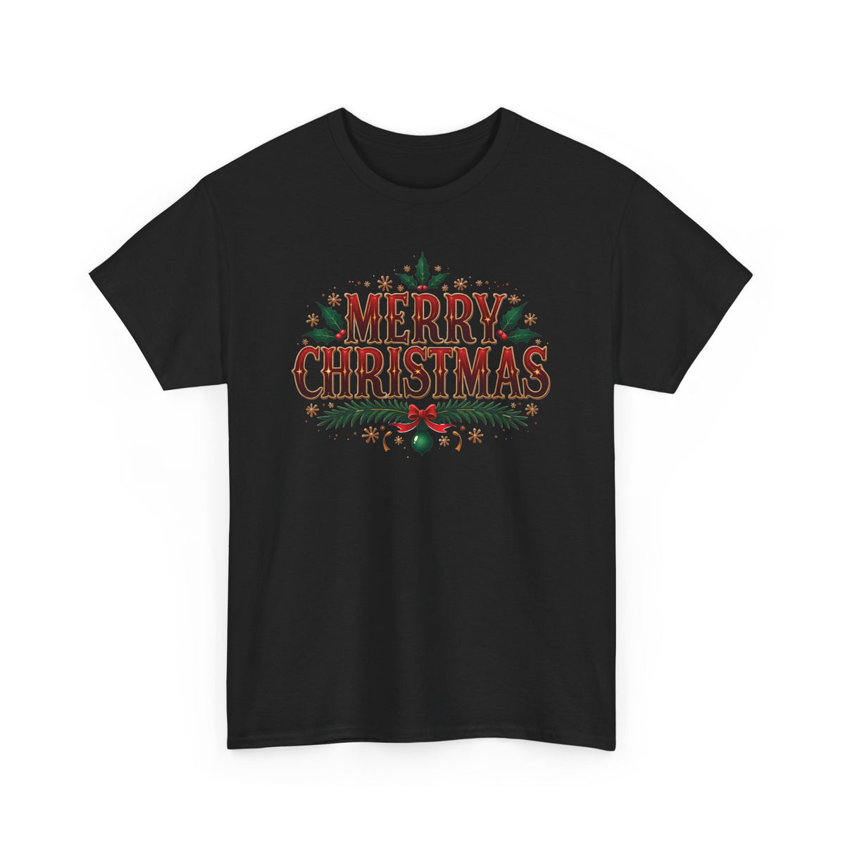 Black Merry Christmas t-shirt with red vintage lettering, pine branches and holly, front view