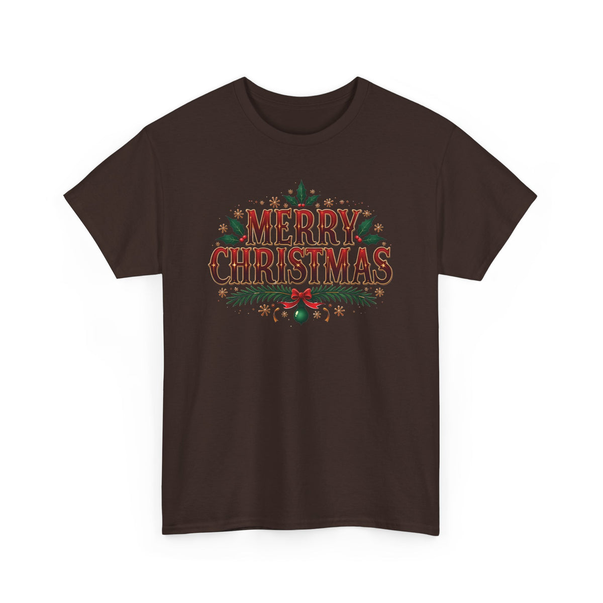 Dark Chocolate Merry Christmas t-shirt with red vintage lettering, pine branches and holly, front view
