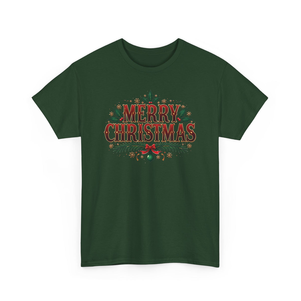 Forest Green Merry Christmas t-shirt with red vintage lettering, pine branches and holly, front view