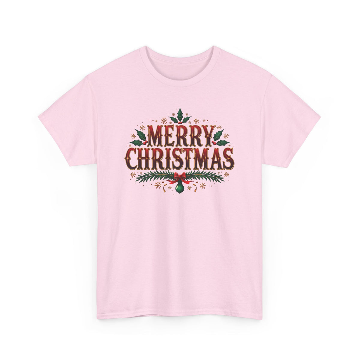 Light Pink Merry Christmas t-shirt with red vintage lettering, pine branches and holly, front view