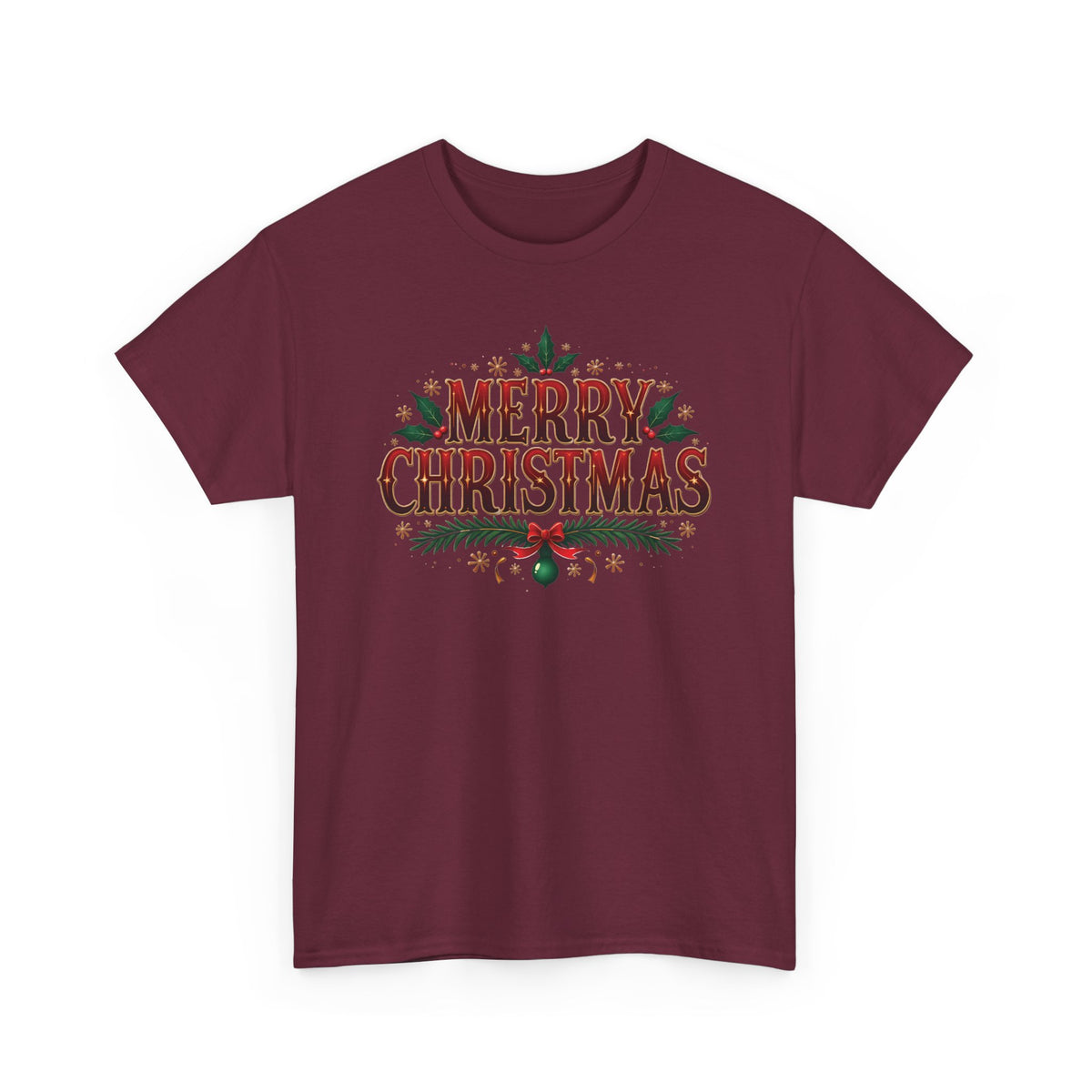 Maroon Merry Christmas t-shirt with red vintage lettering, pine branches and holly, front view