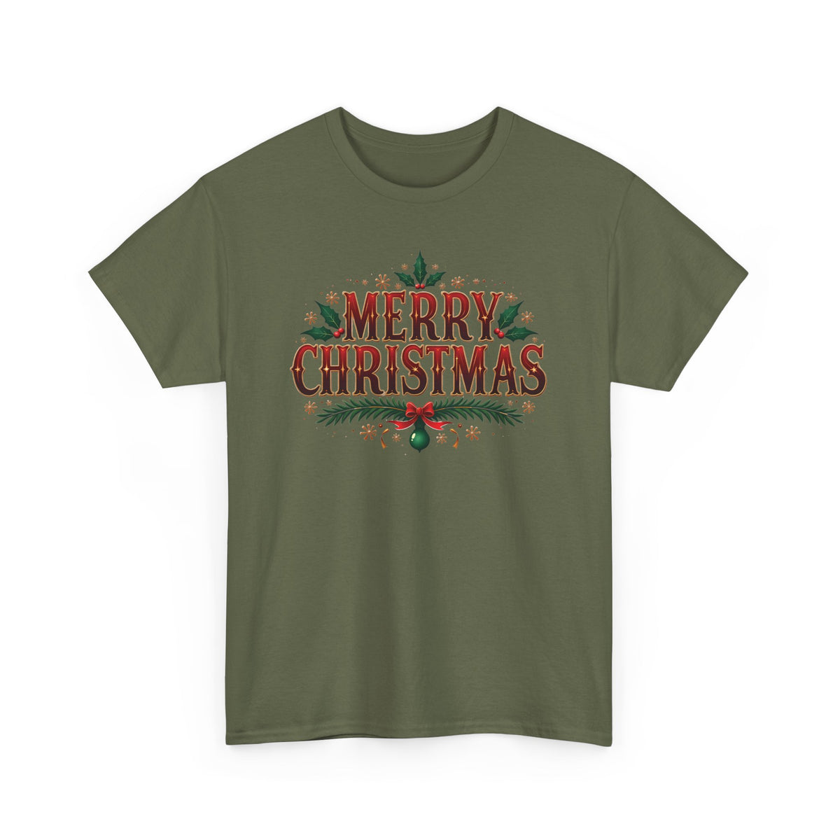 Military Green Merry Christmas t-shirt with red vintage lettering, pine branches and holly, front view