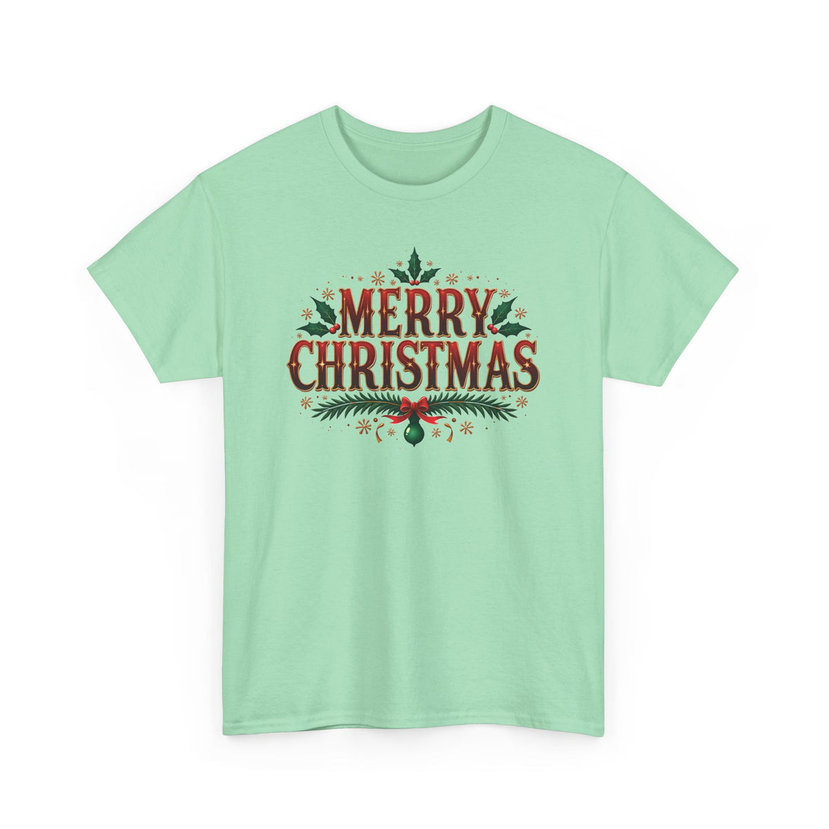 Mint Green Merry Christmas t-shirt with red vintage lettering, pine branches and holly, front view