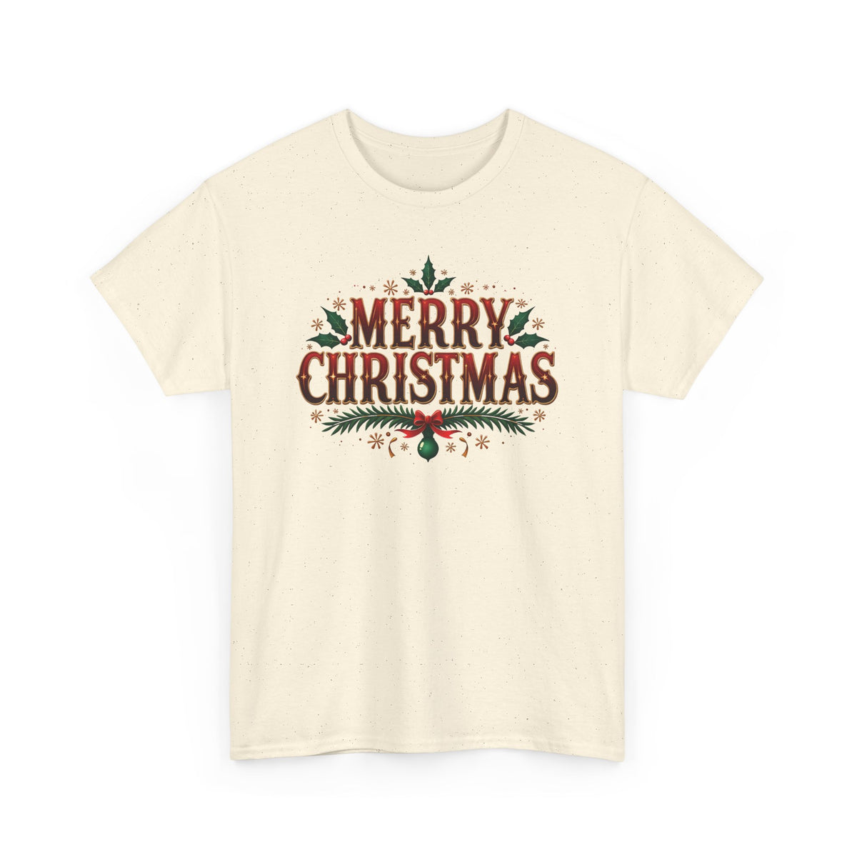 Natural Merry Christmas t-shirt with red vintage lettering, pine branches and holly, front view