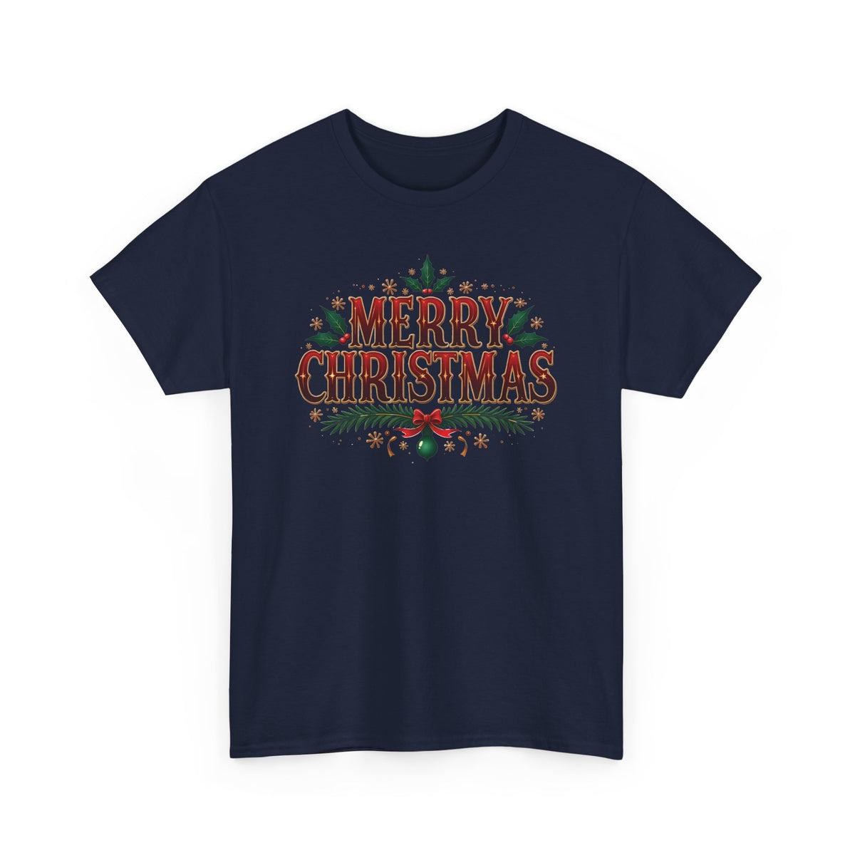 Navy Merry Christmas t-shirt with red vintage lettering, pine branches and holly, front view