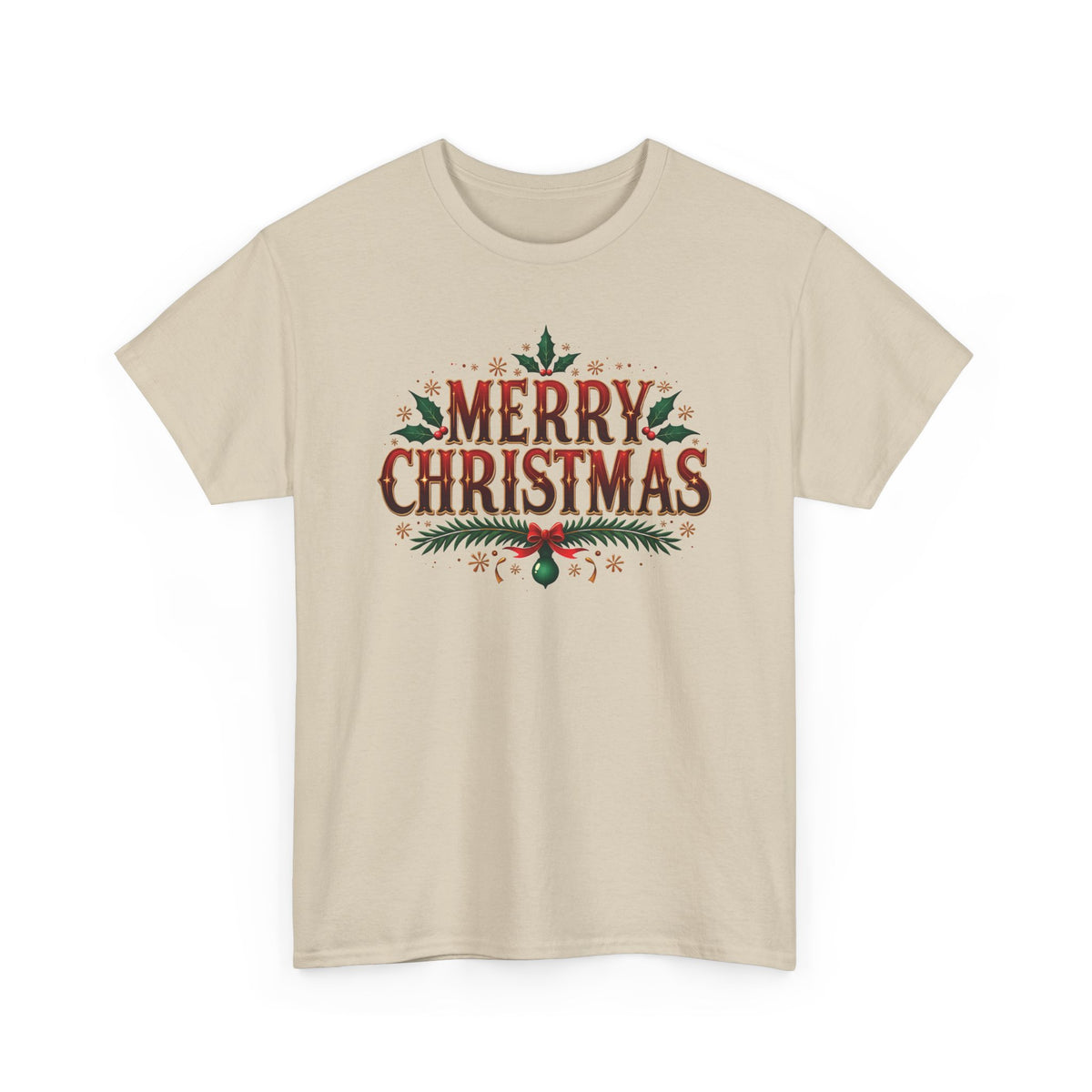 Sand Merry Christmas t-shirt with red vintage lettering, pine branches and holly, front view