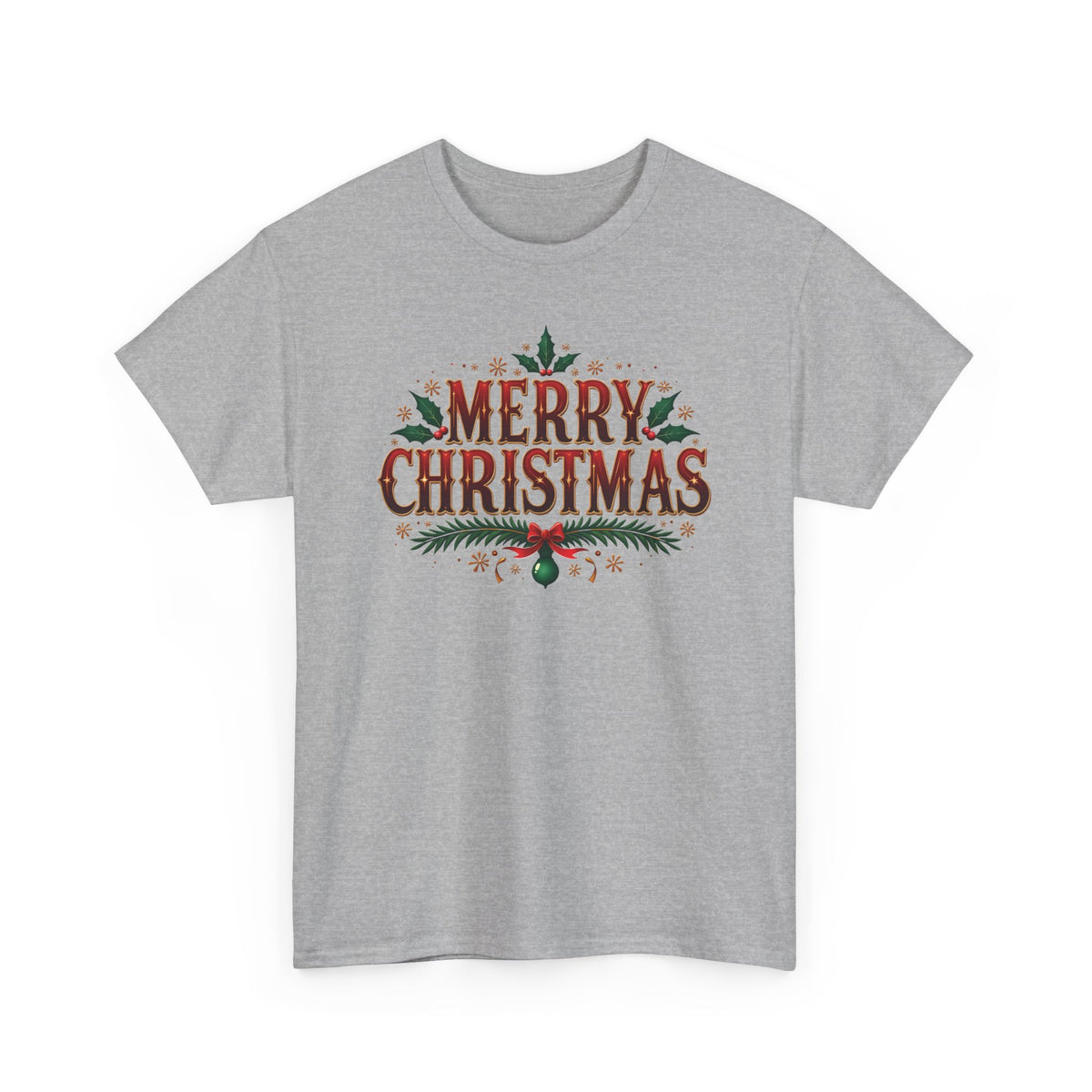Sport Grey Merry Christmas t-shirt with red vintage lettering, pine branches and holly, front view