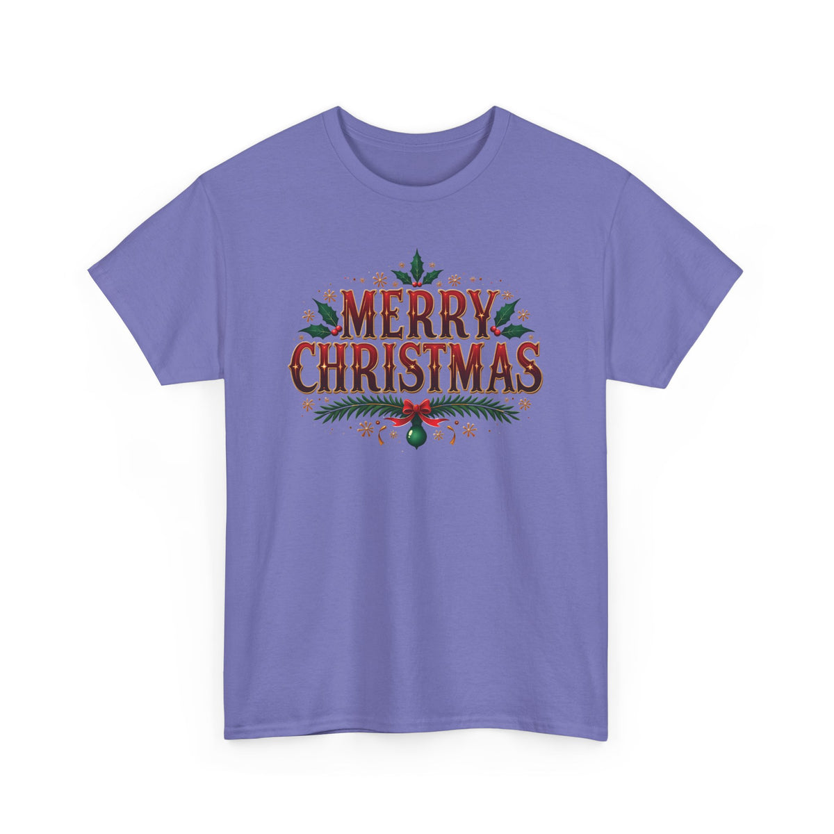Violet Merry Christmas t-shirt with red vintage lettering, pine branches and holly, front view