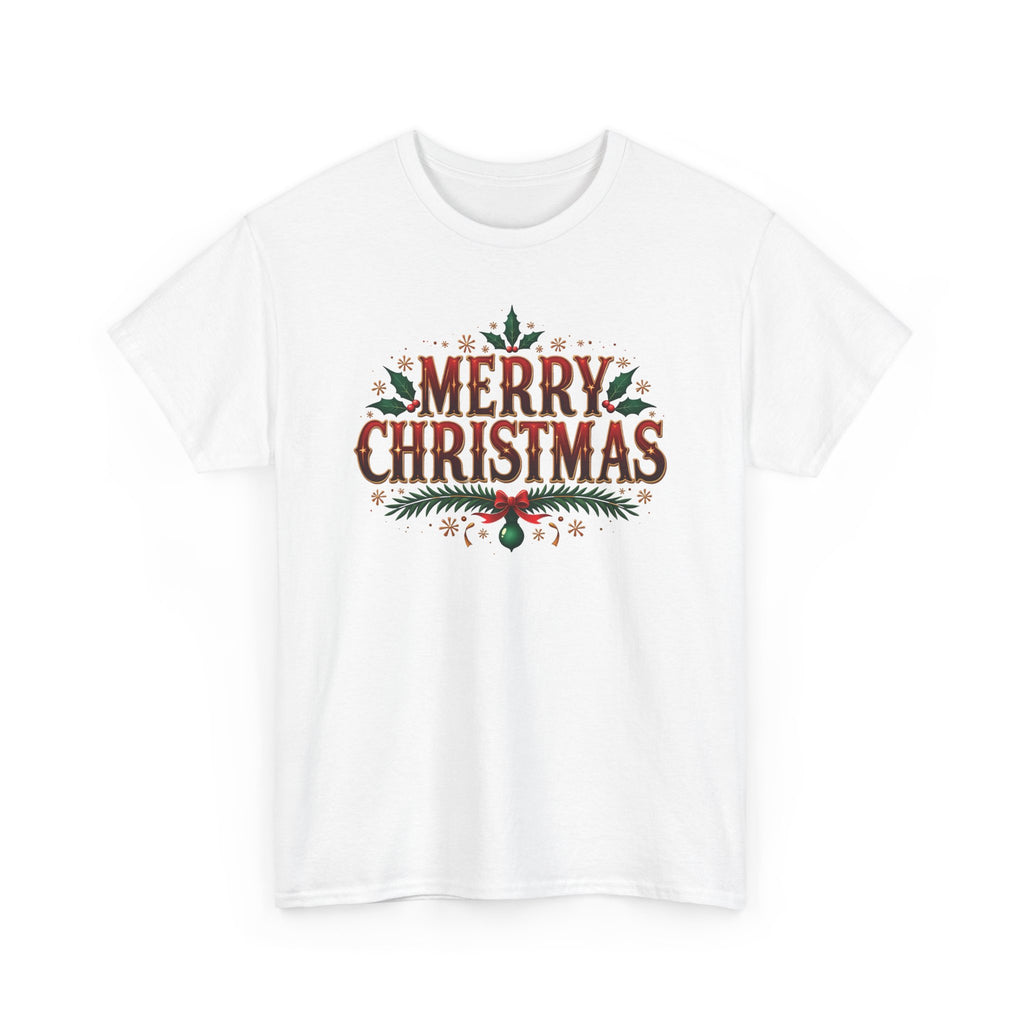 White Merry Christmas t-shirt with red vintage lettering, pine branches and holly, front view