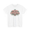 White Merry Christmas t-shirt with red vintage lettering, pine branches and holly, front view