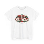 White Merry Christmas t-shirt with red vintage lettering, pine branches and holly, front view