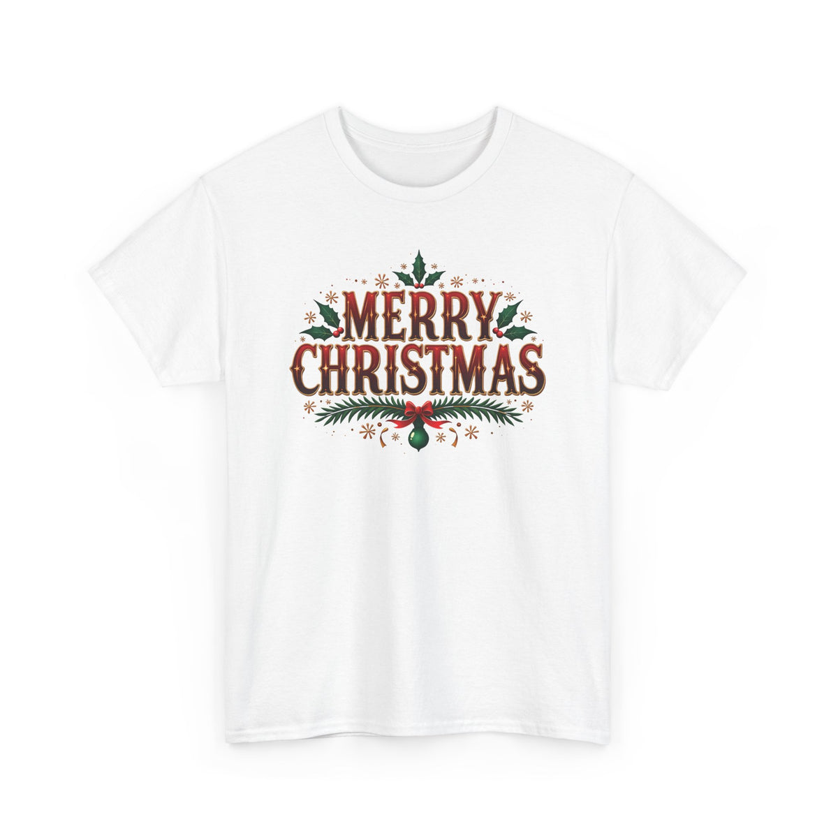 White Merry Christmas t-shirt with red vintage lettering, pine branches and holly, front view