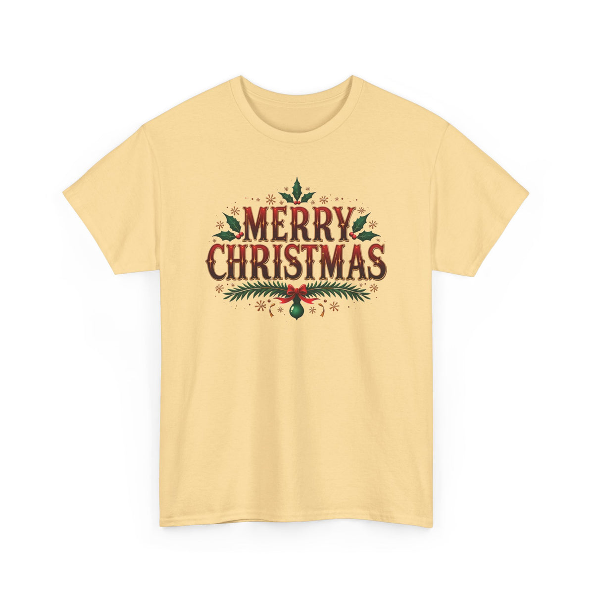 Yellow Haze Merry Christmas t-shirt with red vintage lettering, pine branches and holly, front view