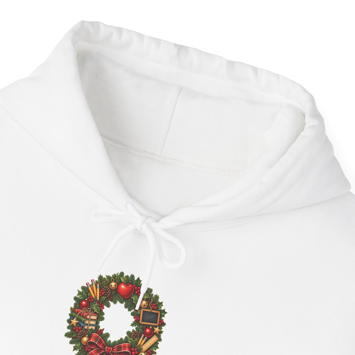 Merry Christmas Teacher Crew Hoodie, front collar close-up