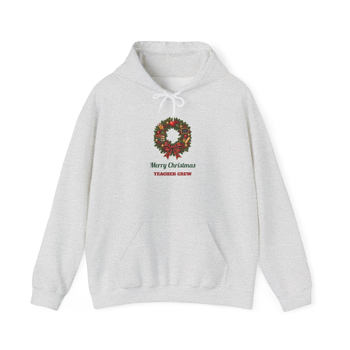 Ash Merry Christmas Teacher Crew hoodie with a Christmas wreath, apple and pencils, front view