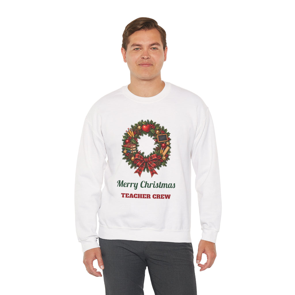 Man wearing the Merry Christmas Teacher Crew Sweatshirt, smiling