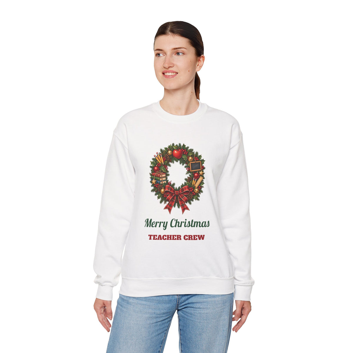 Woman wearing the Merry Christmas Teacher Crew Sweatshirt