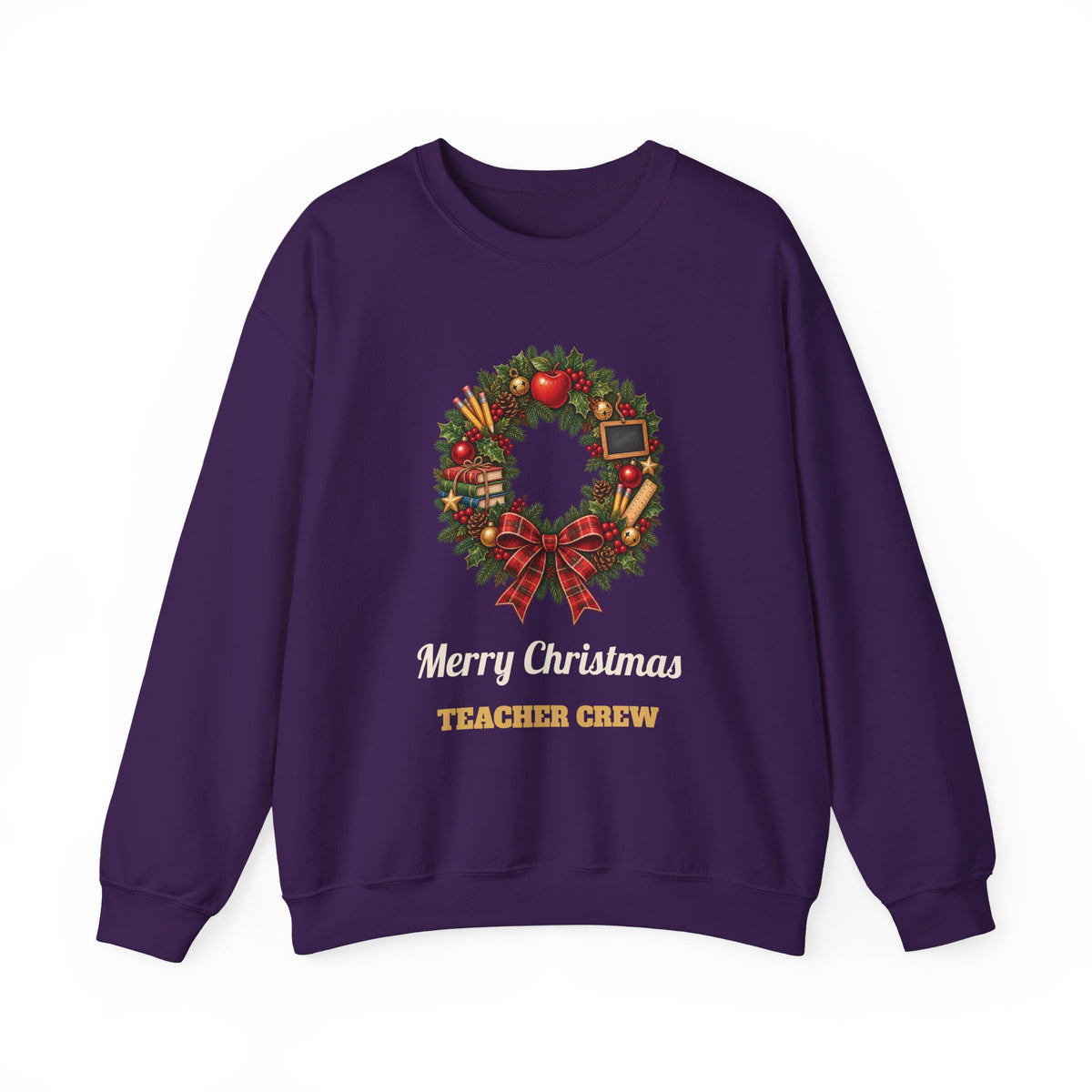 Purple Merry Christmas Teacher Crew sweatshirt with a Christmas wreath, apple and pencils, front view