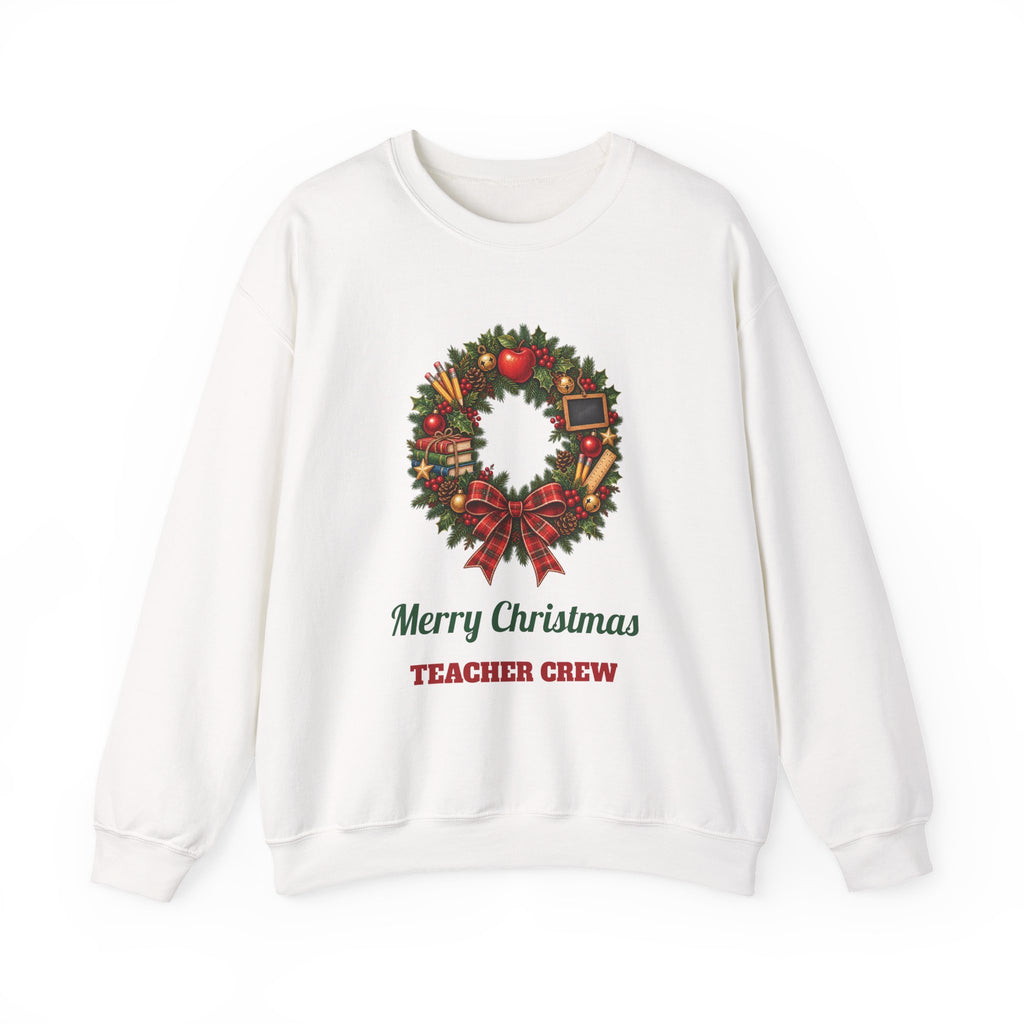 White Merry Christmas Teacher Crew sweatshirt with a Christmas wreath, apple and pencils, front view