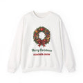 White Merry Christmas Teacher Crew sweatshirt with a Christmas wreath, apple and pencils, front view