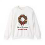 White Merry Christmas Teacher Crew sweatshirt with a Christmas wreath, apple and pencils, front view