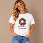 Woman wearing the White Merry Christmas Teacher Crew T-Shirt with jeans