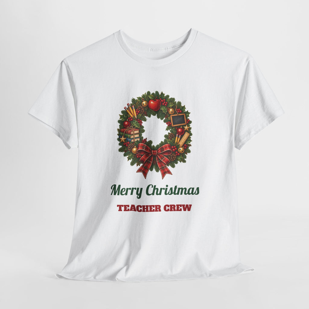 Merry Christmas Teacher Crew T-Shirt, flat lay