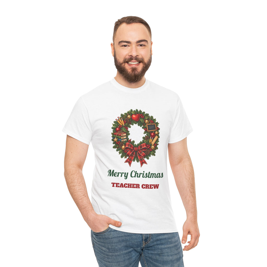 Man wearing the Merry Christmas Teacher Crew T-Shirt