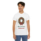Man wearing the Merry Christmas Teacher Crew T-Shirt, smiling