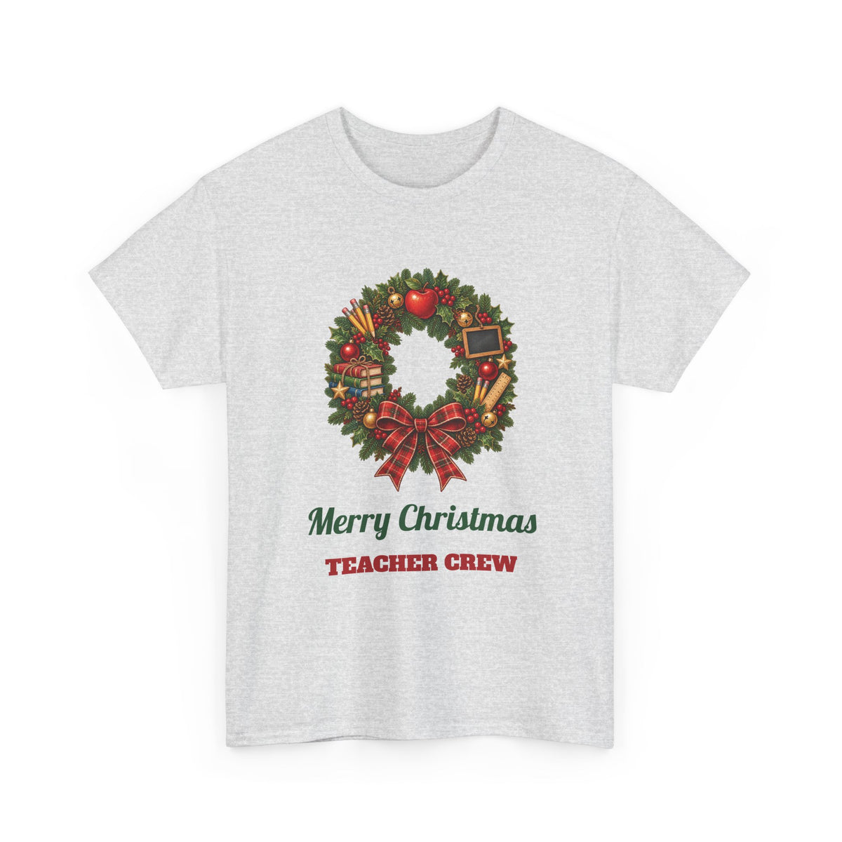 Ash Merry Christmas Teacher Crew t-shirt with a Christmas wreath, apple and pencils, front view