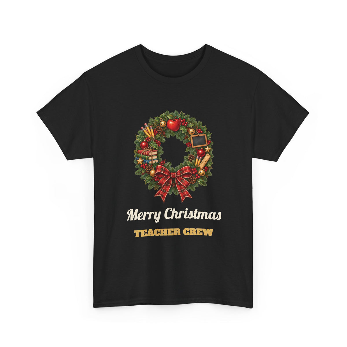 Black Merry Christmas Teacher Crew t-shirt with a Christmas wreath, apple and pencils, front view