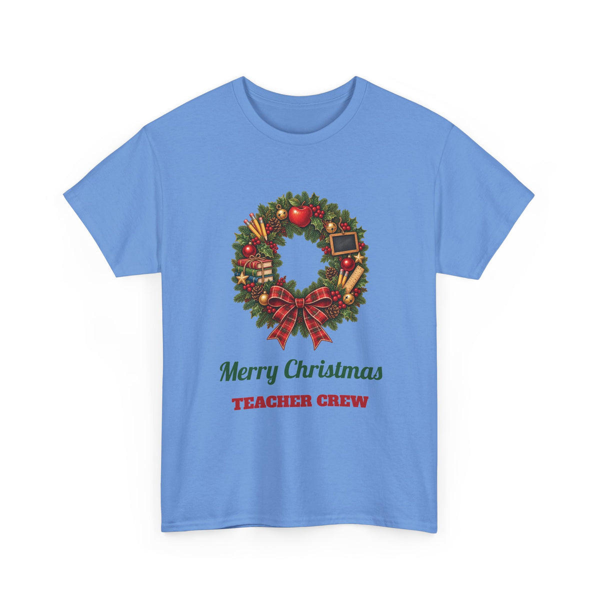 Carolina Blue Merry Christmas Teacher Crew t-shirt with a Christmas wreath, apple and pencils, front view