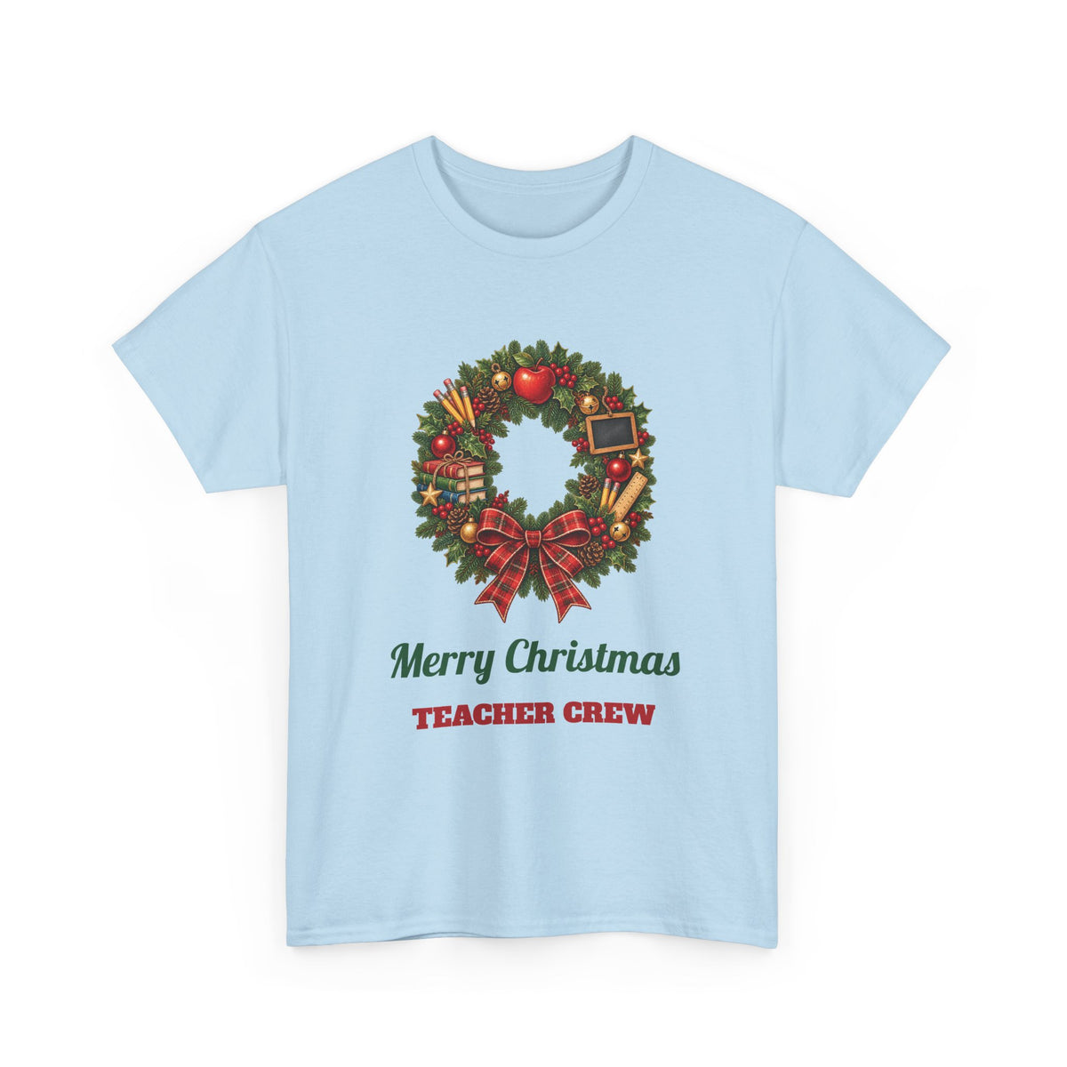 Light Blue Merry Christmas Teacher Crew t-shirt with a Christmas wreath, apple and pencils, front view