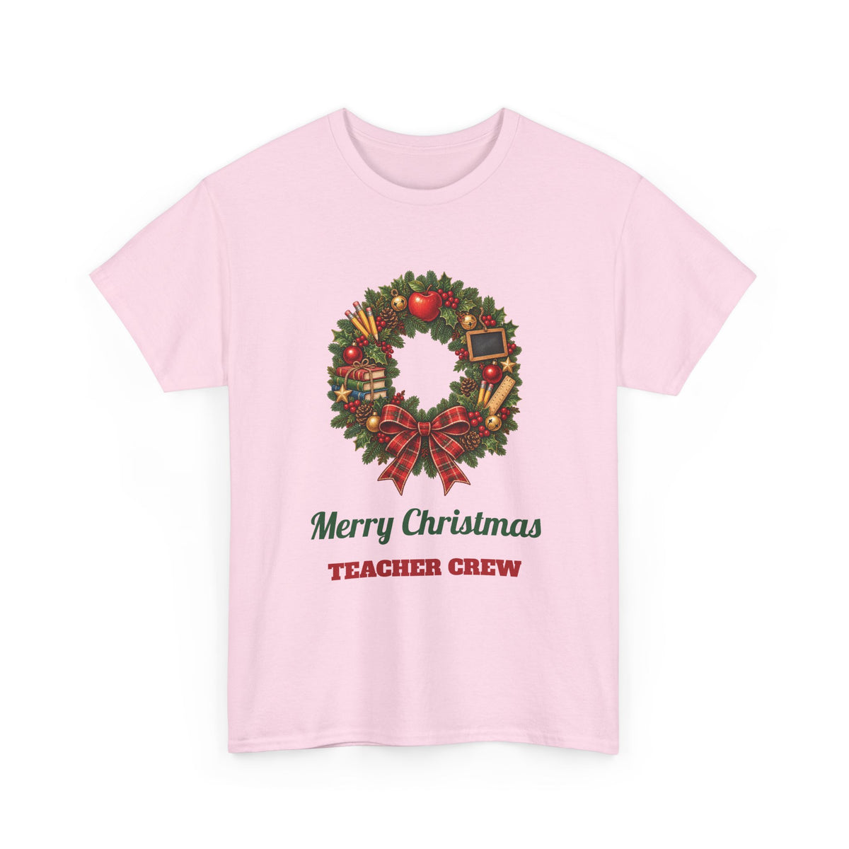 Light Pink Merry Christmas Teacher Crew t-shirt with a Christmas wreath, apple and pencils, front view